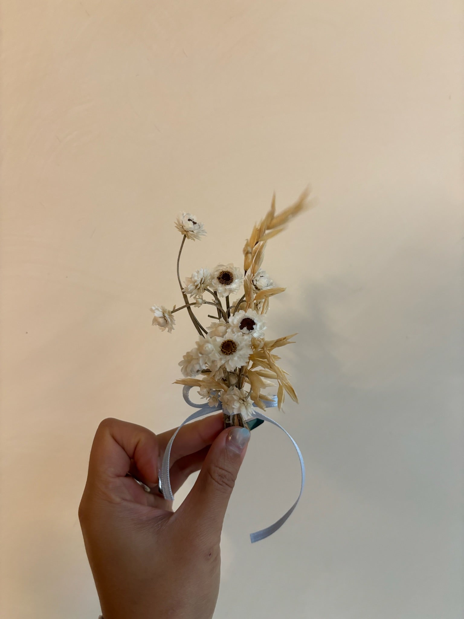 Hand holding a small dried floral boutonniere featuring dried daisy flowers and wheat stems tied with a white ribbon