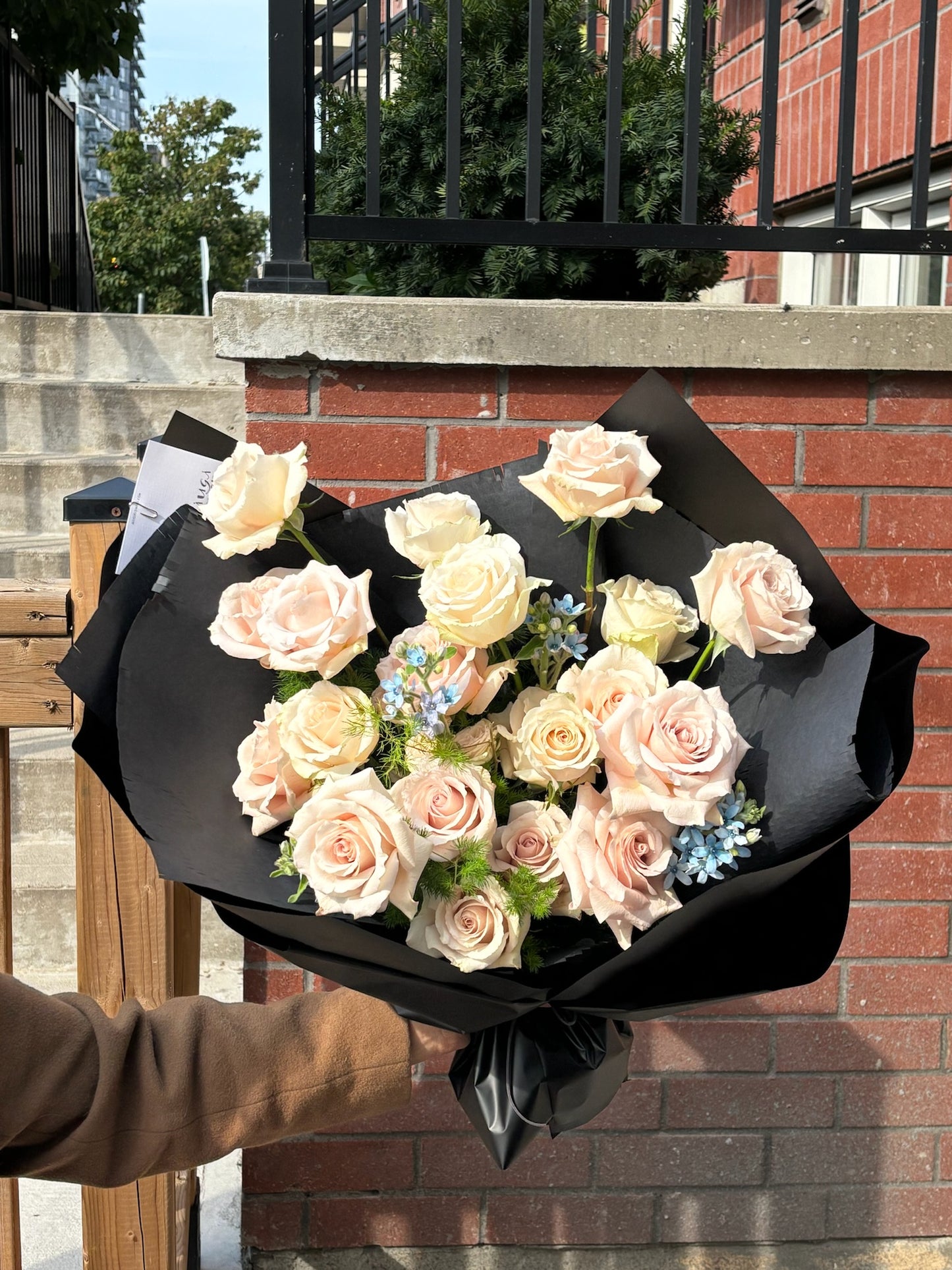 A bouquet of pale blush roses with light blue accent flowers, wrapped in black paper. The bouquet is held outdoors against a background of a brick wall, greenery, and a metal fence. A branded card is tucked into the arrangement.