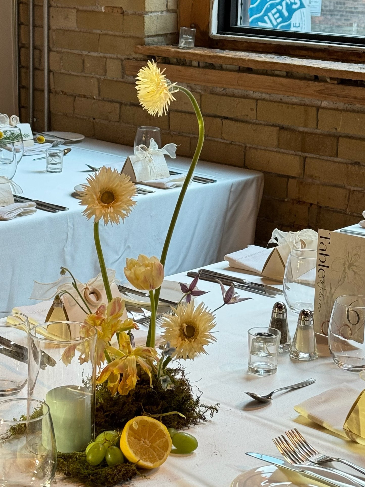 A small tablescape arrangement featuring yellow gerberas and soft yellow blooms, complemented by moss, dried citrus slices, and green grapes. The centerpiece is placed on a white tablecloth surrounded by neatly arranged table settings, set against a brick wall with a nearby window adding a rustic and cozy ambiance.
