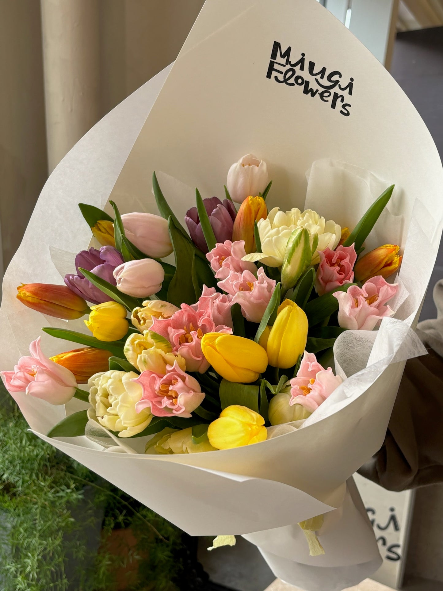 A colorful tulip bouquet wrapped in white paper, branded with “Miugi Flowers” in black text. The bouquet includes a mix of tulip varieties in shades of pink, yellow, purple, and white, with some double-petaled tulips. The flowers are arranged densely. The background includes a hint of greenery.